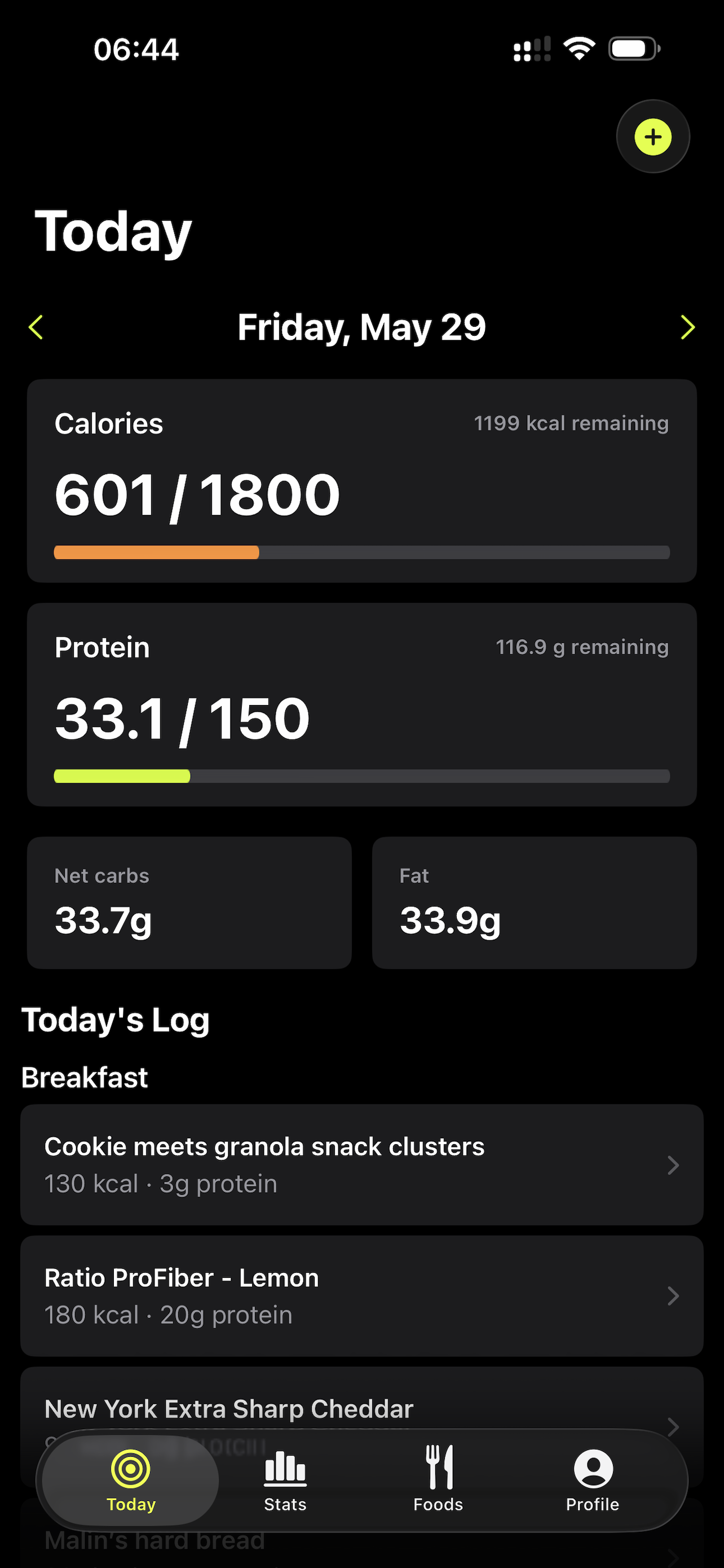 Vitae Today screen showing daily macro progress and food log entries